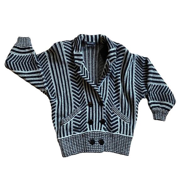 Black and White Knitted Chunky 80s Oversized Sweater Double Breasted Large - Picture 1 of 11